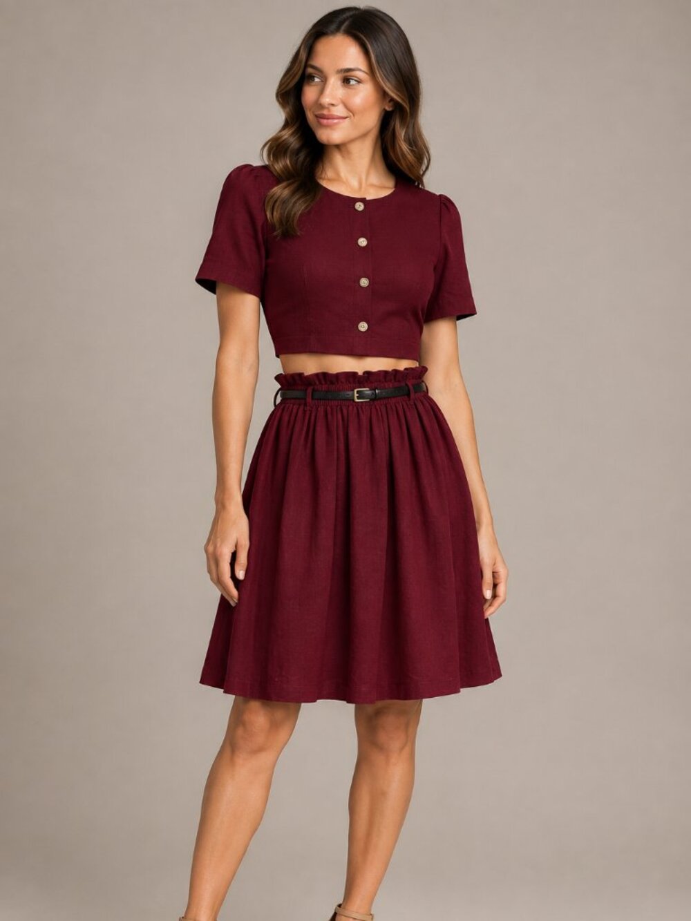 Axis Burgundy Wine Red Paperbag Waist Flowy A-Line Skirt Women S/P 100% Viscose